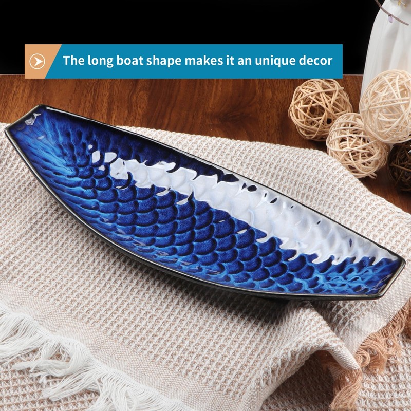 Sanbege 16" Large Ceramic Decorative Tray, Long Boat Shaped Centerpiece