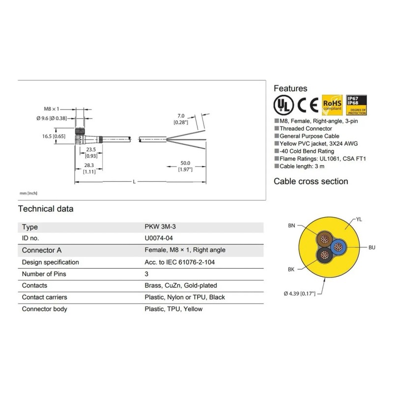 Cable Hembra 3 Pines Codo M8 3metros Turck Pkw-3m-3 U0074-04