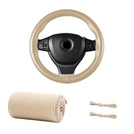 BWBWND Genuine Leather Steering Wheel Cover, 15 Inch Breathable DIY Sewing Wheel Protector with Needle Thread, Stitch on Wrap Wheel Cover with Anti-Slip Design (Beige, Full Hole)