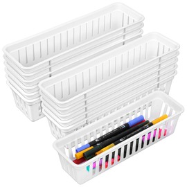 12 Pack Slim Plastic Storage Baskets Tray for Organizing 10.23 X 2.36 X2.28 Inch Stackable Small Narrow Storage Bins White Pencil Organizer Basket for Classroom Office Desk Garage Cabinet Containers
