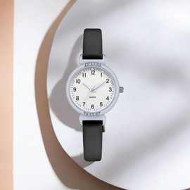 NUOVO Women's Black Watch with Silver Dial, Diamonds, Arabic Numerals, Waterproof, Casual Style, Leather Strap, Analog Display