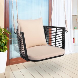 Tangkula Outdoor Metal Porch Swing, Single Person Hanging Seat w/Woven Rattan Backrest, 2 Sturdy Hanging Ropes, Seat & Back Cushions Included, Heavy-Duty Swing Chair for Front Porch, Backyard (Beige)