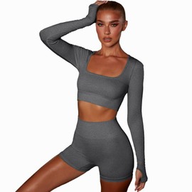 WOAZNSK Ropa Deportiva Mujer 2 piezas,Conjunto Deportivo Mujer,Long Sleeve Yoga Outfits y Pantalones Cortos,Trajes de Entrenamiento sin Costuras para Yoga, Correr, Fitness