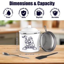 46OZ Bacon Grease Container with Strainer - With Food-Grade Silicone Spatula and Spoon, Farmhouse Enamel Bacon Grease Saver, Fat Keeper, Recipes, Dishwasher Safe