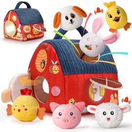 Baby Toys 6-12 Months - Soft Barn Playset with 6 Stuffed Farm Animals, Rattle, Crinkle Paper, Mirror - Montessori Toys for 6 Month Old Babies,Sensory Infant Toy for Toddlers,1 Year Old Boy Girl Gifts