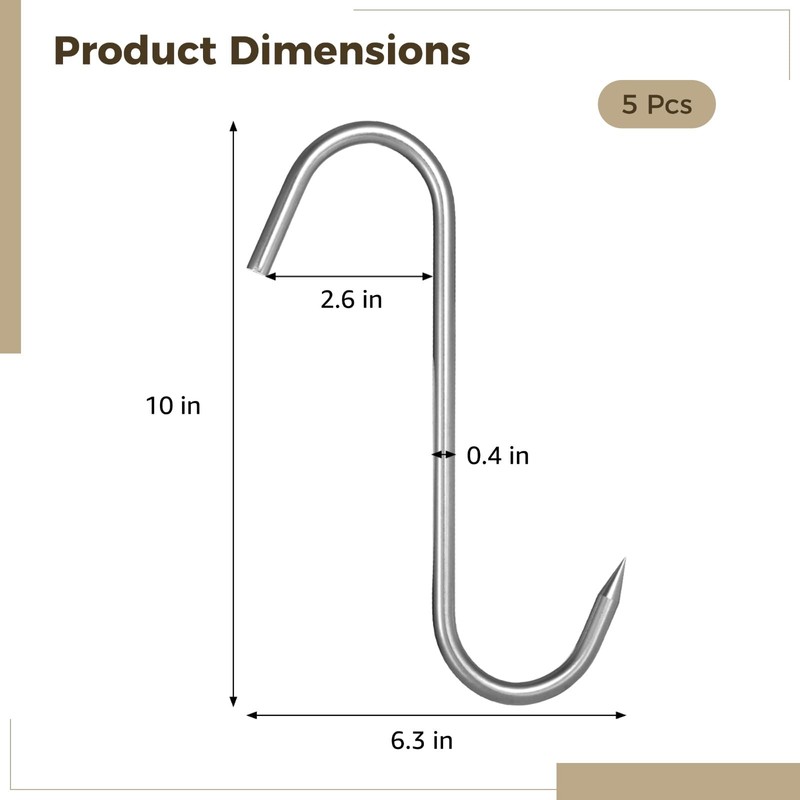 OMISTAR 5 PCS Heavy Duty Meat Hooks, 10 in Stainless