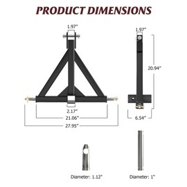 3 Point 2 Inch Trailer Hitch Receiver,Heavy Duty Tractor Drawbar Adapter,Category 1 Quick Hitch Attachment for Subcompact Tractors,Farm Equipment Towing Ball Hook,Black