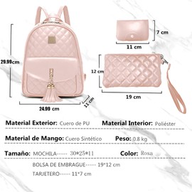 Mochilas para Mujer, 3 Piezas Mochila de Cuero de Moda Casual, Bolsos de Cuero PU, Mochila Monedero para Dama y Chicas, Bolsa de Viaje Informal para Mujeres y Niñas (Rosa)