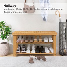 SMIBUY Bamboo Shoe Rack Bench, 3-Tier Shoe Organizer Storage Shelf for Entryway Hallway Bathroom Living Room (Natural)