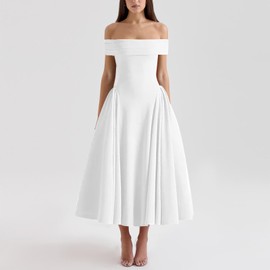 DinDinCAT Women's Off Shoulder Sexy A Line Midi Dress-Sleeveless Fit and Flare Club Party Going Out Dresses White M