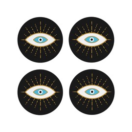 Black Evil Eye 4 Pcs Coasters for Drinks,Round Leather Coasters for Tabletop Protection Home Bar Decor