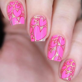 Valentines Press on Nails Short Square Fake Nails With Pink Love Heart Designs Glitter False Nails Full Cover Stick on Nails Acrylic Romantic Artificial Nails for Women 24 Pcs