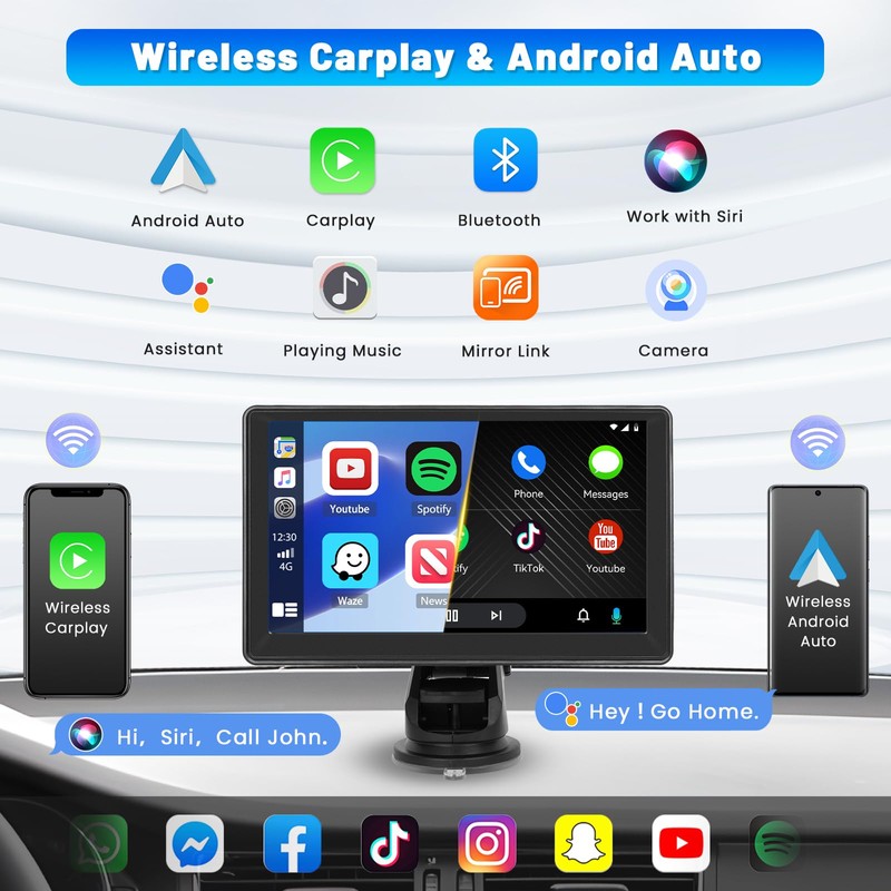Wireless Apple CarPlay & Wireless Android Auto Portable Car Stereo
