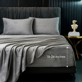HYPREST Flannel Sheets King Size Deep Pocket, 250 GSM Micro Plush Velvet Sheets, Hotel Luxury Soft Breathable Grey King Bed Sheets Warm Fleece Sheets fits Mattress up to 24" in