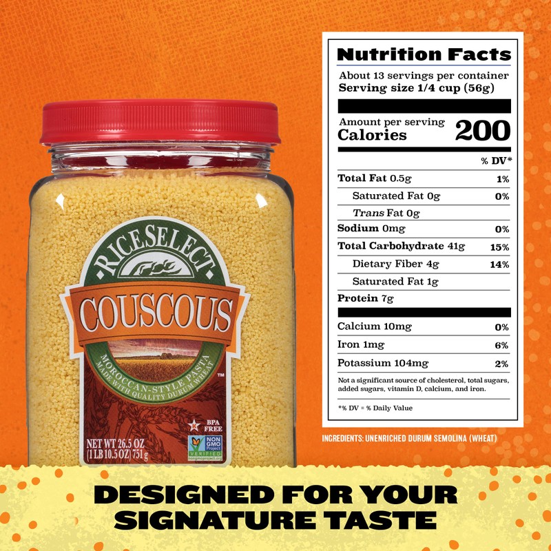 RiceSelect Couscous, Moroccan-Style Wheat Couscous Pasta, Non-GMO, 26.5-Ounce Jar, (Pack