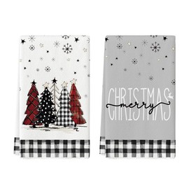 Artoid Mode Buffalo Plaid Snowflake Trees Merry Christmas Kitchen Towels Dish Towels, 42x65 cm Stars Polyester Decoration Hand Towels Set of 2
