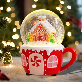 Christmas Snow Globes Gingerbread Man House in Cup Christmas Snow Globe with 8 Songs Color Changing Battery Operated Musical Box for Christmas Home Party Décor