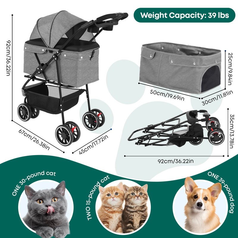 Pet Stroller,Dog Stroller for Small Medium Dogs Cats,3 Wheels,Foldable,with Breathable