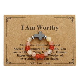 oasymala Damenring aus natürlichen Steinen – Elastischer Perlenring mit Hämatit-Kreuz, Inspirierendes Geschenk (Ich bin wertvoll)