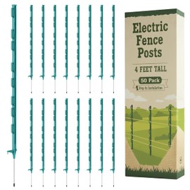Houseables Electric Fence Posts, Step in Fence Post 4FT, Electric Fencing, Garden Stakes, Garden Poles, Kit for Wire, Deer, Livestock, Temporary, Fiberglass, Plastic, Green, Ground Rod, 4 Feet, 50 PK