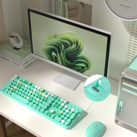MPTOG Colorful Wireless Computer Keyboard and Mouse Combo with Round Typewriter Keycaps, Retro Design, Power Switch, Ergonomic Design, 2.4GHz Wireless for Windows, Mac, PC(Green-Colorful)