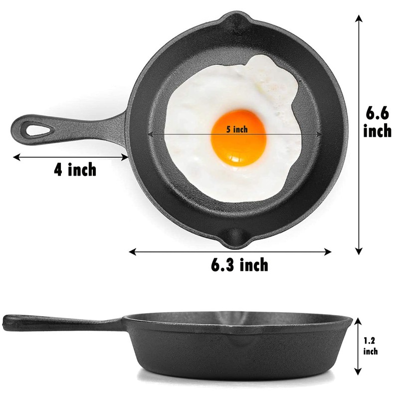 MOZUVE 6 Inch Cast Iron Skillet, Frying Pan with Drip-Spouts,