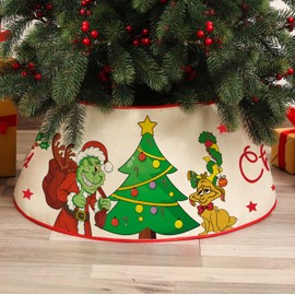 Christmas Tree Collar, 24" Christmas Tree Ring, Christmas Tree Base Cover with Classic Pattern, Xmas Tree Decorations for Home Indoor, Linen (White)