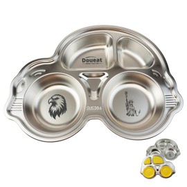 Doueat CPC Certified Stainless Steel Kids Plates, Easy to Clean, Preventing Surface Scratches. Toddler Food Tray with Cartoon Shapes and Divided Sections. Pack of 2 - SuctionCar