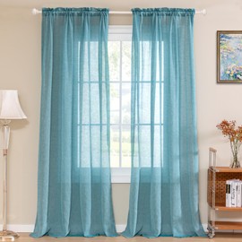 Turquoize Natural Linen Blended Sheer Curtains Curtains for Bedroom 96 Inches Long Privacy Window Treatment Linen Curtain Privacy Protection Linen Rich Quality 52" W by 96" L, Turquoise