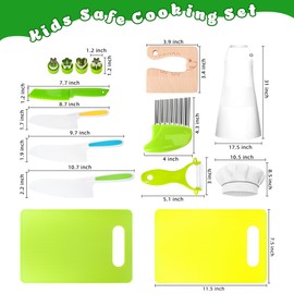 Kids Knife Set for Real Cooking Real Montessori Kitchen Toys for Toddlers Cooking Sets with Plastic Children Safe Knives Crinkle Cutter Cutting Board Kids Apron Chef Hat Gifts Toddler Toys