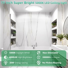 Brightever 15 Inch Large Flush Mount Ceiling Light Fixtures, 4000LM 300W Equivalent, 5000K Daylight White, 0.67 Inch Ultra Thin 30W Surface Mount LED Ceiling Lights for Bathroom, Non-Dimmable, 3 Packs