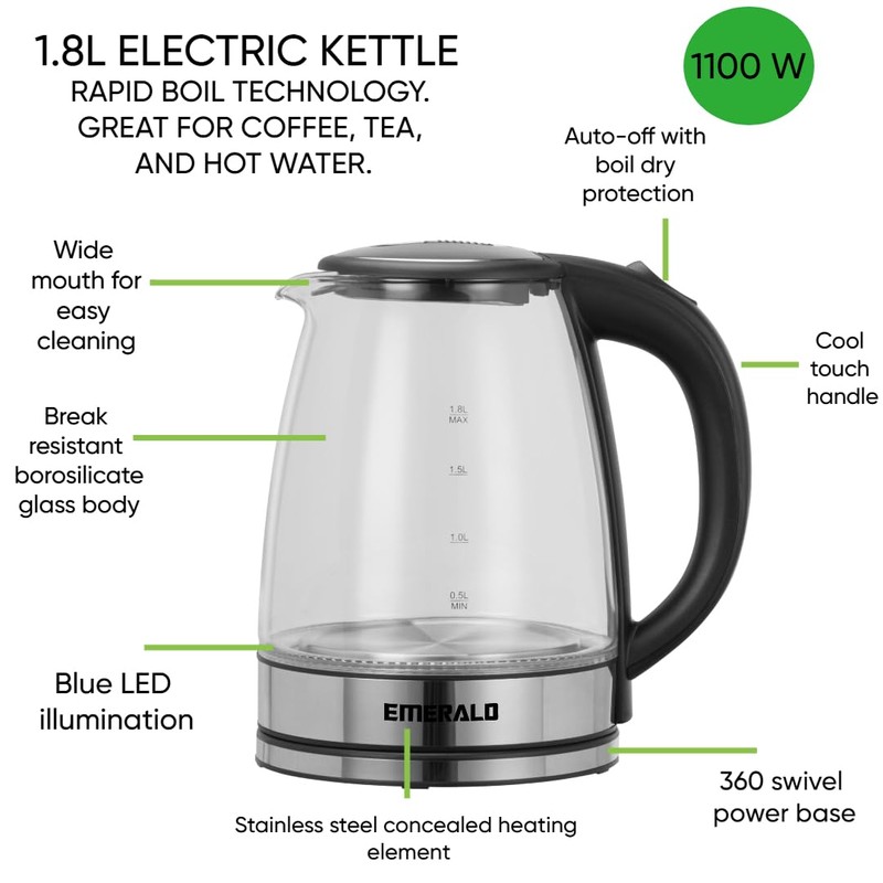 Emerald Glass Tea Kettle, Countertop Electric Kettle Water Boiler Heater,
