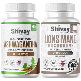 Ashwagandha + Lions Mane Bundle 1000mg per Tablet | Focus + Calm + Mental Performance + Brain Fog Natural Supplement | Vegan Tablets | Made in The UK by Shivay Herbals