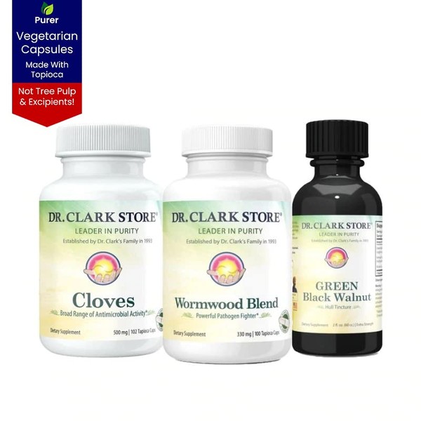 Dr. Clark Store Intestine Support & Cleanse Kit - with Original Green Tincture from Black Walnut Hulls, Wormwood, and Cloves-Helps Maintain Optimum Intestinal Function - Vegetarian Capsules