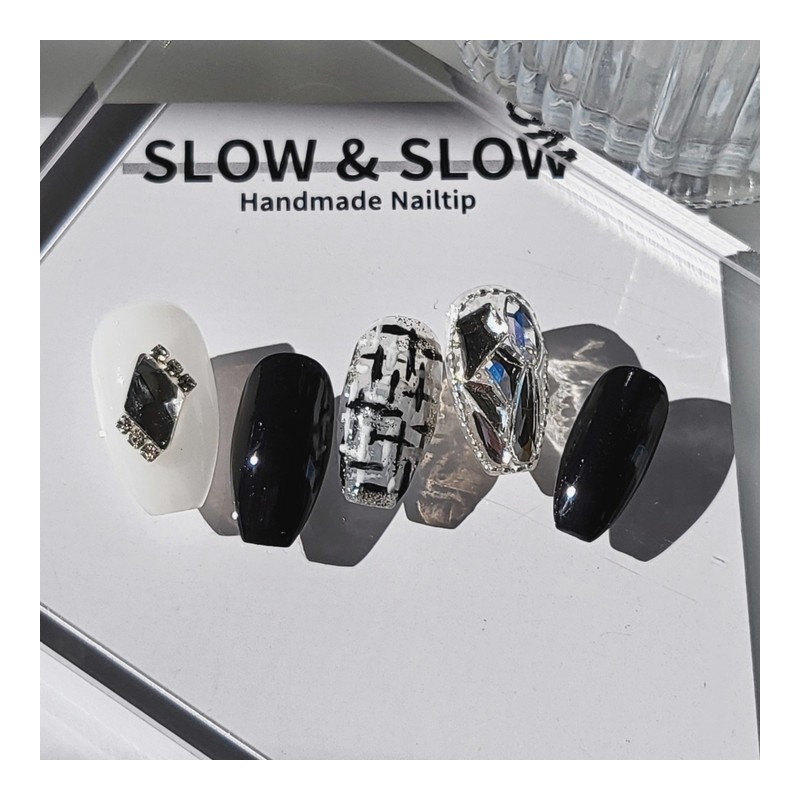 [Sl&Sl Nail Tips] Black Tweed Nails - Short Oval /