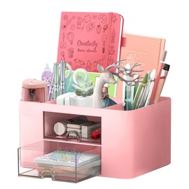UVVRUR Schreibtisch Organizer 7 Fächer Stiftehalter Schreibtisch Tisch Büro Organizer mit Schublade Multifunktionaler Schreibtisch Organizer für Büro Zuhause Schule Platzsparendes Desk Organizer (Rosa)