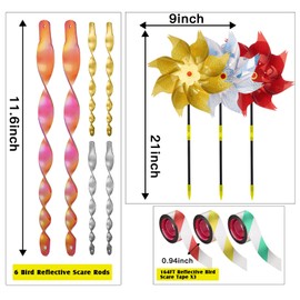 12Pcs Sparkly Reflective Pinwheels Bird Scare Rods Tapes Set to Scare Birds Away from Patio Farm, Ideal for Home Garden Lawn Decor