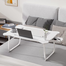 Grebest Folding Bed Table, Bear Shape Laptop Bed Tray Table, Adjustable Laptop Bed Desk with Storage Drawer & Cup Holder, Portable Lap Desk for Bed & Sofa White