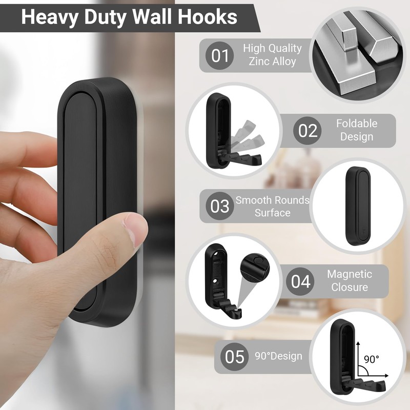 Vidroxin Black Folding Wall Hooks – 2PCS Heavy Duty Foldable