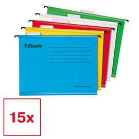 Esselte A4 Reinforced Filing Cabinet Suspension File, Pack 15 Made from Strong 100% Recycled Card, with Tabs and Card Inserts, for Home, Office, School Organisation, Assorted Colours