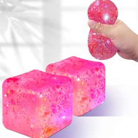 YiLUAN 2Pack Glitter Squishy Cube - Slow Rise Nice Stress Cube for Adults, Gel Stress Balls, Fidget Ice Cube Stress Toys, Silent Fidget Toys Pack for Anxiety Relief (Pink)