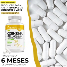 BioHerb Coenzima Q10 + Vitamina E, C y Curcuma 100% Puro (360 Capsulas de 500mg) - [Potente Formulacion] | Mejora Rendimiento | Calidad Suprema | Grado Farmaceutico| Para 180 Dias | CoQ10 - Ubiquinona -Ubidecarenona - BioHerb.