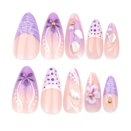 Handmade Press on Nails Purple Fake Nails with 3D Flower Shell Pearl Designs 24 Pcs Medium Almond Reusable Acrylic Nail Full Cover Floral Stick on Nail for Summer Women Wedding Party No Glue WYFHDT