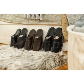 BeComfy Men's Slippers Genuine Leather Men's Slippers Black Brown Red 40 41 42 43 44 45 46 - Black - 44 EU