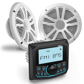 Marine Stereo 6.5-Inch Speakers Package: Waterproof Bluetooth Boat Gauge Radio Receiver - LCD Display AUX USB MP3 Subwoofer AM FM for ATV UTV RZR Golf Cart