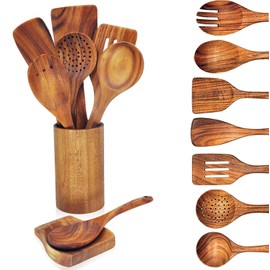 Wooden Spoons for Cooking, 9 Pcs Teak Kitchen Utensils Set Wooden Spatula