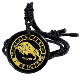 KYEYGWO Round Constellation Pendant with Adjustable Nylon Rope, Unisex Obsidian Zodiac Necklace Stone Amulet Blessing Jewellery for Horoscope Astrology, Obsidian Nylon, Obsidian