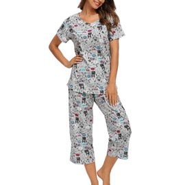 ENJOYNIGHT Women's Pajama Sets Cotton Sleepwear Tops with Capri Pants Summer Pjs (Grey Dog,Large)