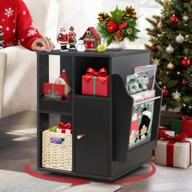 TooCust Rotating End Table with Storage, Square Rotating Side Table Living Room, Side Table with Magazine Holder, Basket and Cabinet, Swivel End Table with Diverse Storage (Black)