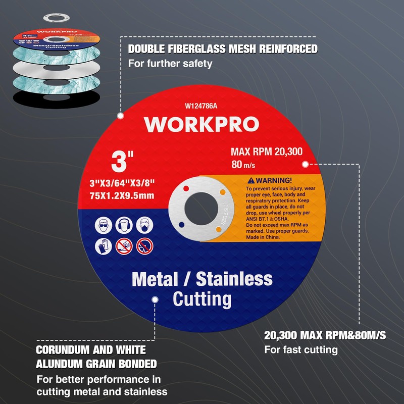 WORKPRO 20-Pack Cut-Off Wheels, 3 X 3/8-inch Metal&Stainless Steel Cutting
